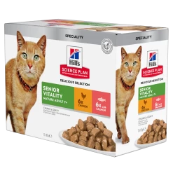 Hill's Science Plan Mature Adult Vitality Multipack 12 Sachets Pour Chat Âgé Au Poulet Et Saumon